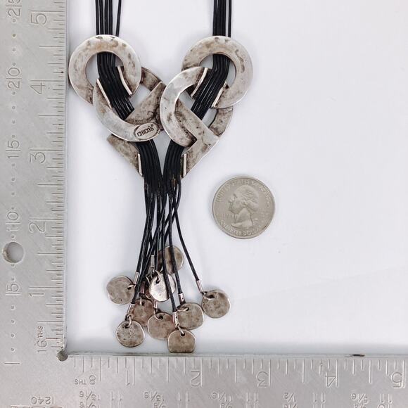 Chunky Chico’s Brutalist Statement Necklace Silver Tone Geometric Coin Tassels - Picture 11 of 14